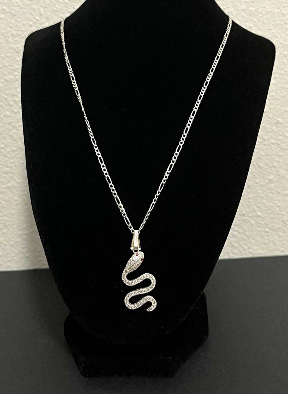 Silver Tone Snake Charm Pendant Necklace Pavé Simulated Rhinestone Cable 18 in